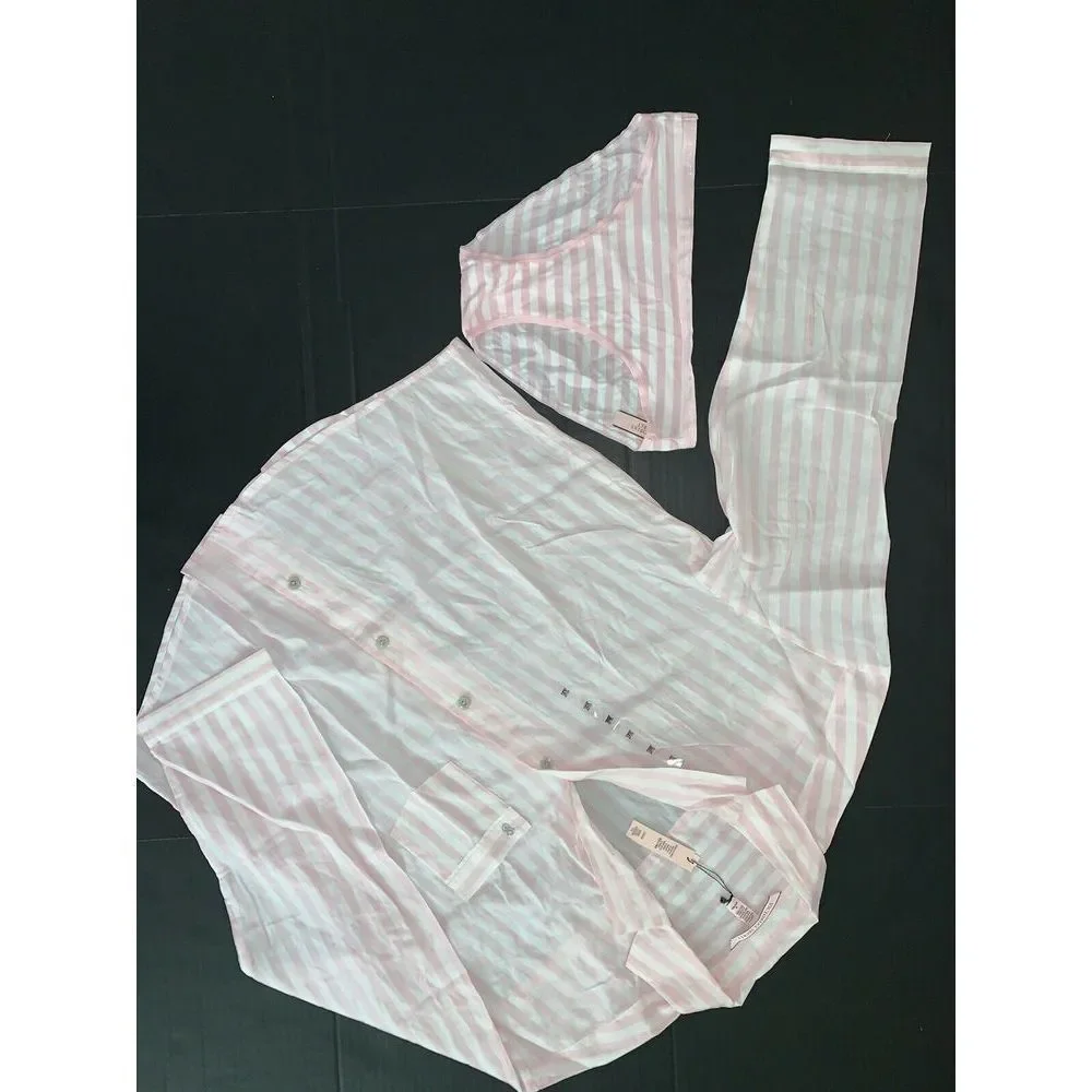 Victoria's Secret 32DDD BRA SET panty+PJ SHIRT WHITE pink stripe signature BODY